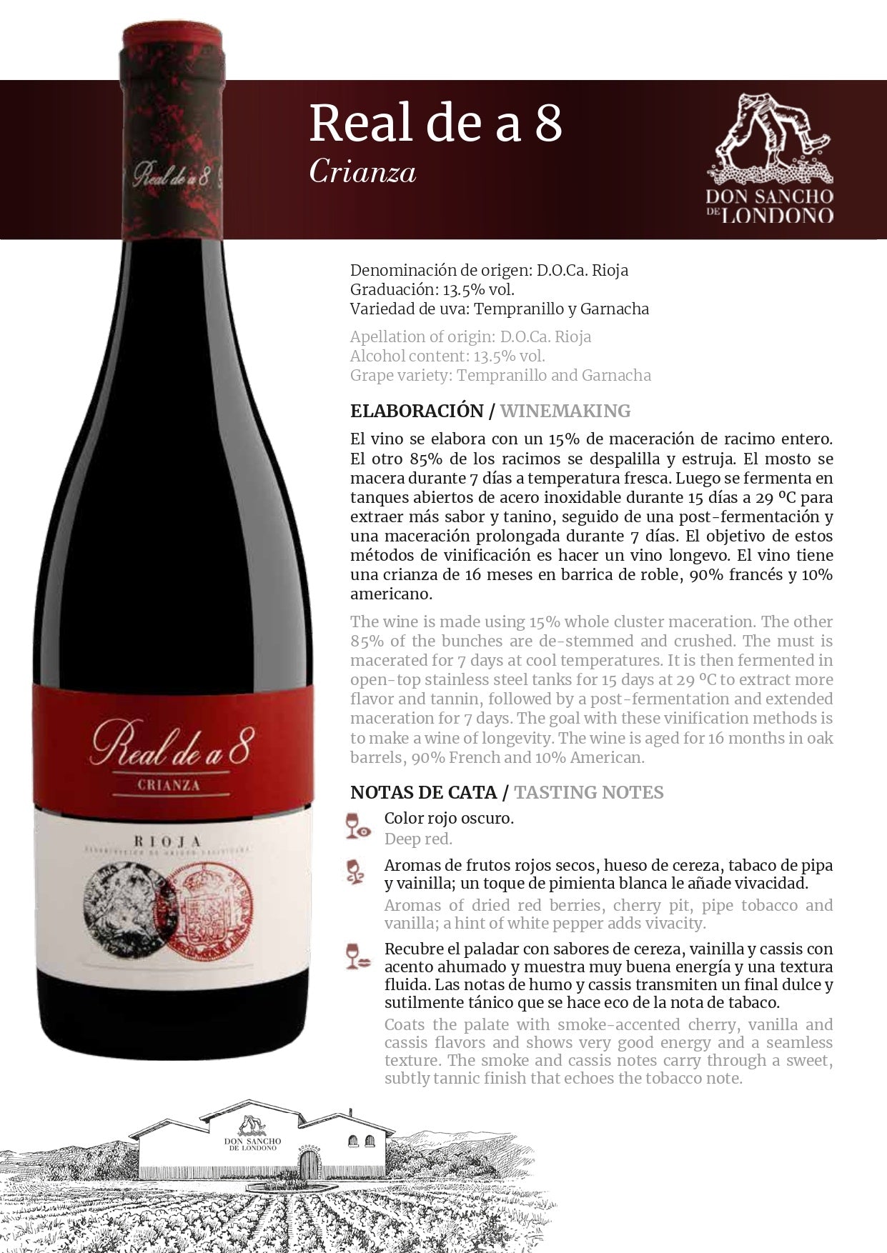 REAL DE A 8 RIOJA TINTO CRIANZA 12 BOTELLAS DE 75 CL.